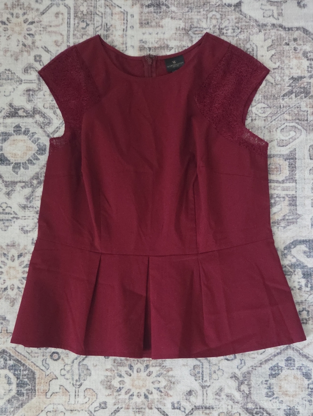 Worthington Burgundy Lace Cap-Sleeve Peplum Top